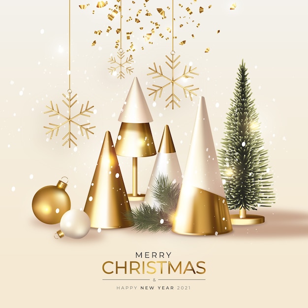 リアルな3dゴールデンクリスマスとモダンなメリークリスマスグリーティングカード 無料のベクター