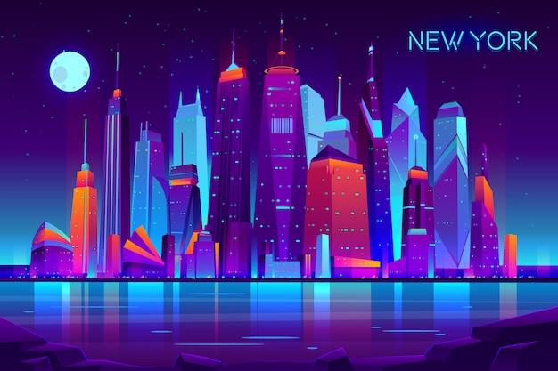 Modern new york city cartoon vector night landscape | Free Vector