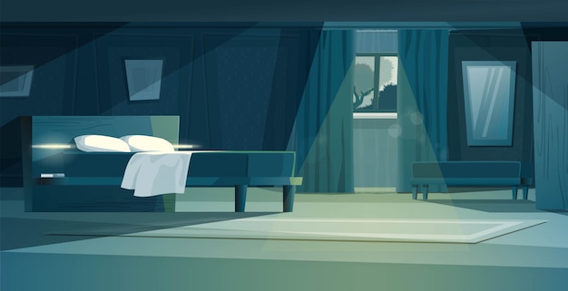 家具漫画イラストとモダンな夜の寝室 食器棚付きダブルベッド カーテン付き窓 ドレッサー カーペット 鏡 プレミアムベクター