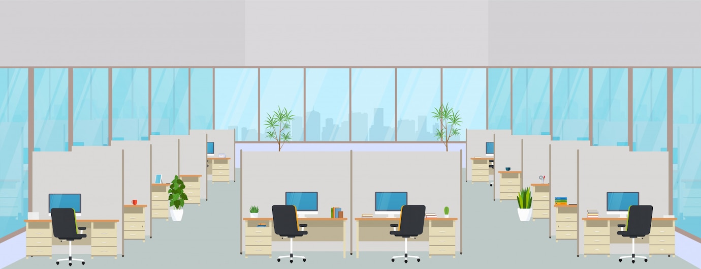 Premium Vector | Modern office center with workplaces. empty workspace ...