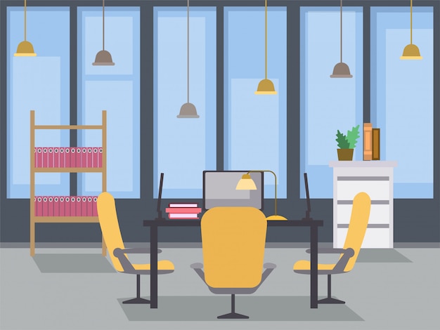 Modern office interior design flat illustration. coworking open space, contemporary building workplace Premium Vector