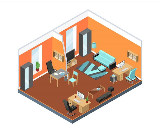 Modern office interior with comfortable workspaces. tables, armchairs from leather and other furniture in isometric style Premium Vector