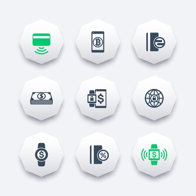 Modern payment methods icons on octagon shapes, contactless card, payment with wearable devices,  il