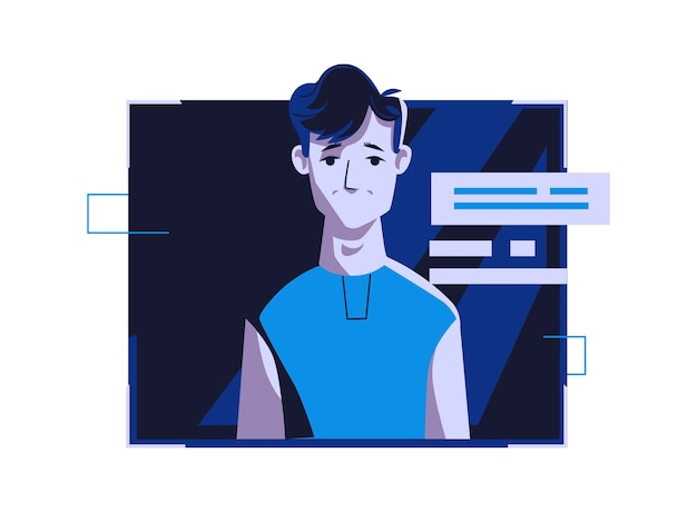 カジュアルな服装の現代人アバター ベクトル漫画イラスト 個々の顔と髪の男 ダークブルーのコンピューターの明るいデジタルフレーム Webプロファイルの画像 無料のベクター