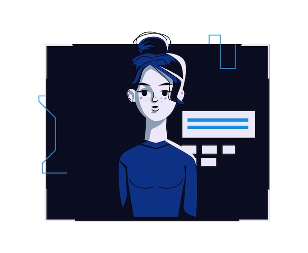 カジュアルな服装の現代人アバター ベクトル漫画イラスト ダークブルーのコンピューターの明るいデジタルフレームで 個々の顔と髪の女性 無料のベクター