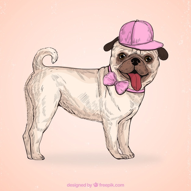 Modern pug with cap and bow tie