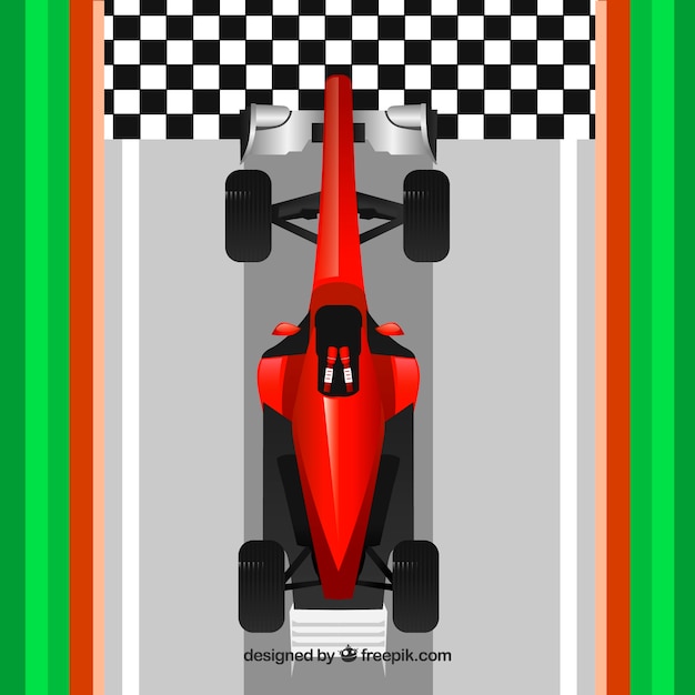 Modern red f1 racing car crosses finish\
line