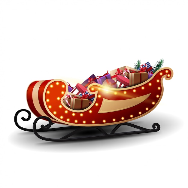 Modern santa claus sleigh with yellow lights and lots of presents Premium Vector