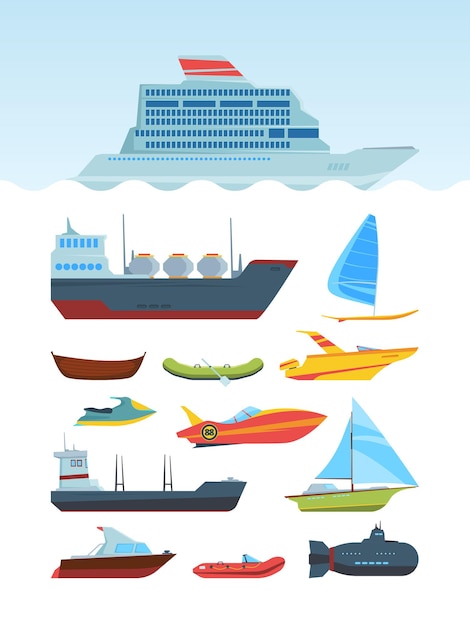 現代の海の船やボートのフラットイラストセット さまざまな水輸送コレクション プレミアムベクター