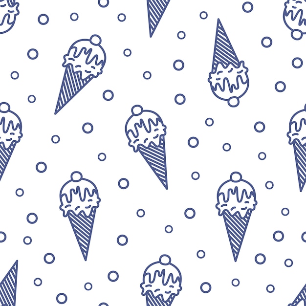 白い背景の輪郭線で描かれたウェーハ ワッフル シュガーコーンのアイスクリームとモダンなシームレスパターン 包装紙 布印刷 壁紙の直線的なスタイルの イラスト プレミアムベクター