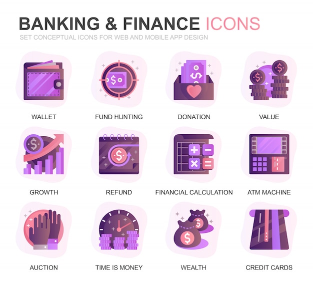 Modern set banking and finance gradient flat icons Premium Vector