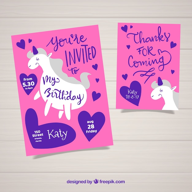 Download Modern set of birthday cards with unicorn | Free Vector