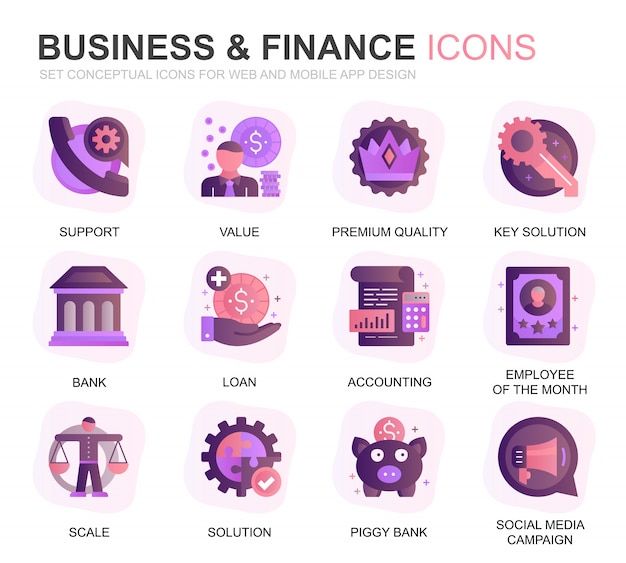 Modern set business and finance gradient flat icons Premium Vector