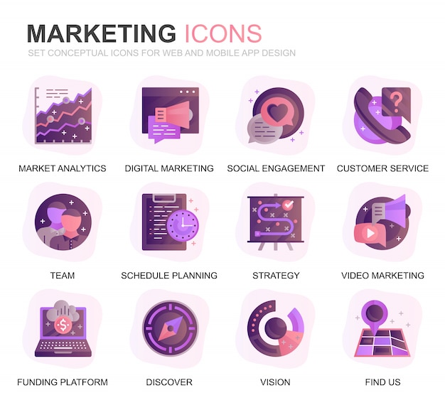 Modern set business and marketing gradient flat icons Premium Vector