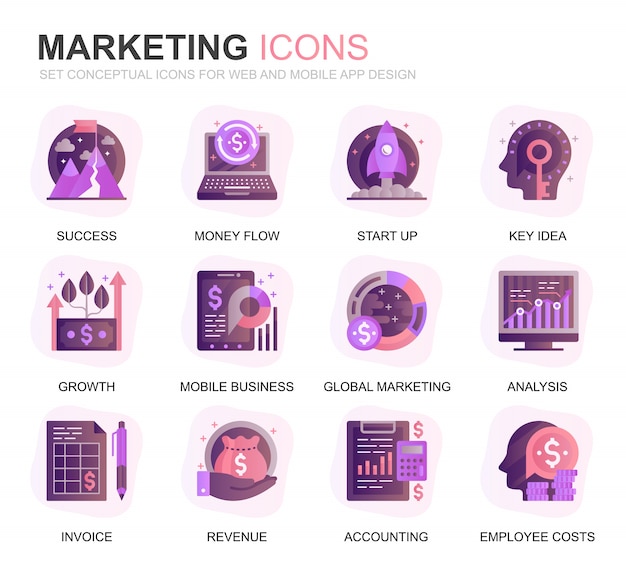 Modern set business and marketing gradient flat icons Premium Vector