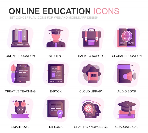 Modern set education and knowledge gradient flat icons Premium Vector
