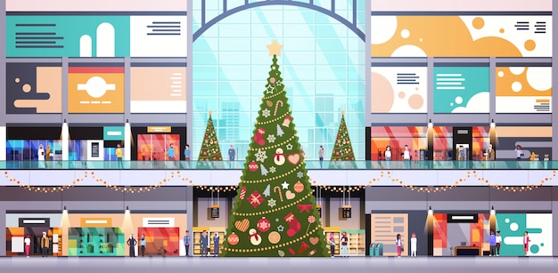 Premium Vector Modern Shopping Mall Center Decorated For Christmas And New Year Holiday Concept Many People Big Retail Store Interior Horizontal Flat