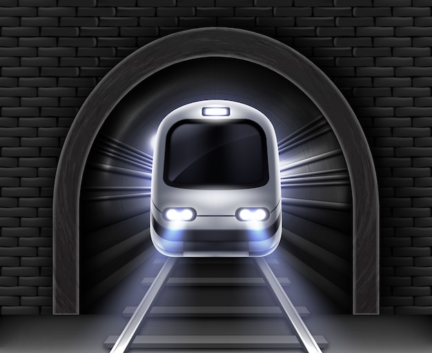 トンネル内の近代的な地下鉄 旅客速度列車のフロントワゴン レンガの壁とレールの石のアーチのリアルなイラスト 地下電気鉄道輸送 無料のベクター