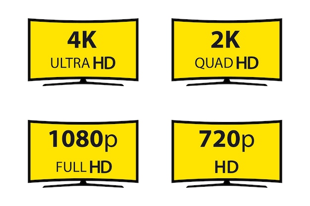 現代の技術の兆候 4kウルトラhd 2kクワッドhd 1080pフルhd 7phd ベクトルイラストシンボルモニター表示ラベル プレミアムベクター