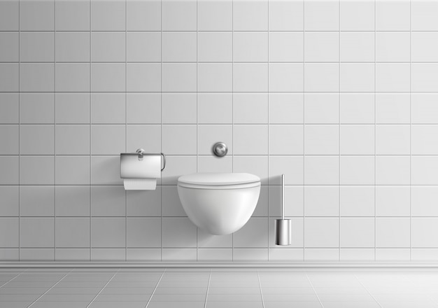 白いタイル張りの壁と床のモダンなトイレルームミニマルなインテリア現実的なベクトルモックアップ 無料のベクター