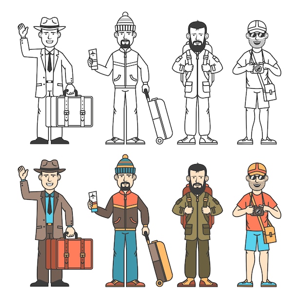 Modern travelers in various clothes with different baggage Premium Vector