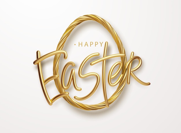 Modern trendy golden metallic shiny typography happy easter on a background of easter eggs Free Vector