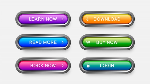 Modern web buttons of purple, sky blue, pink, yellow, green color. Premium Vector
