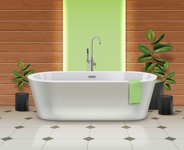 インテリアにモダンな白いバスタブ 木製の壁の背景に黒い鉢の植物とタイル張りの床に緑のタオルでお風呂 プレミアムベクター