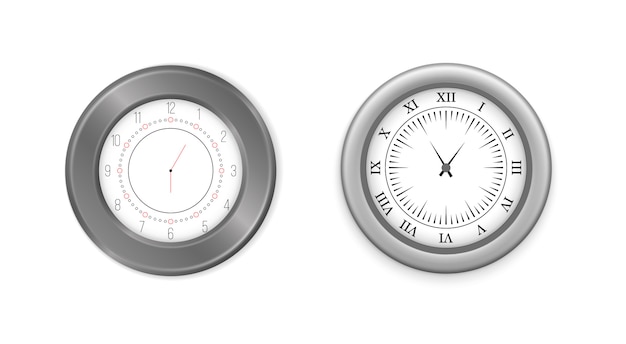 モダンな白 黒の丸い壁掛け時計 黒い時計の文字盤と時計のモックアップ 白と黒の壁のオフィスの時計のアイコンを設定します ブランディングと広告のモックアップ プレミアムベクター