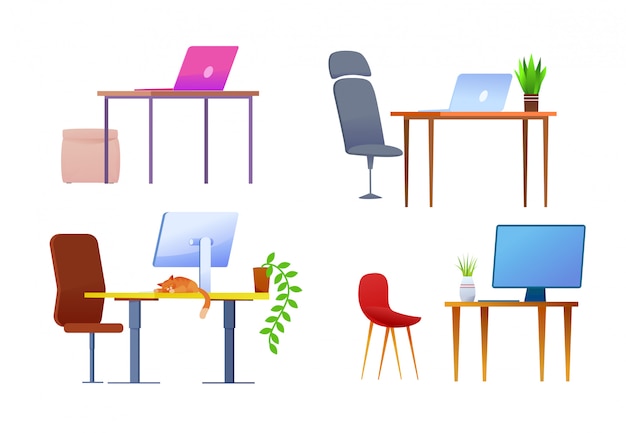Premium Vector | Modern workplace desk cartoon set. office or freelance