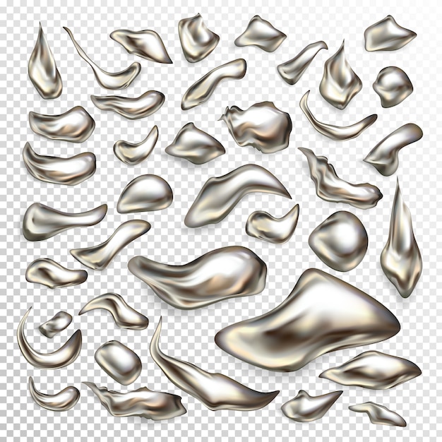 Molted precious metal drops, liquid silver blots, mercury swirls 3d realistic vector set Free Vector