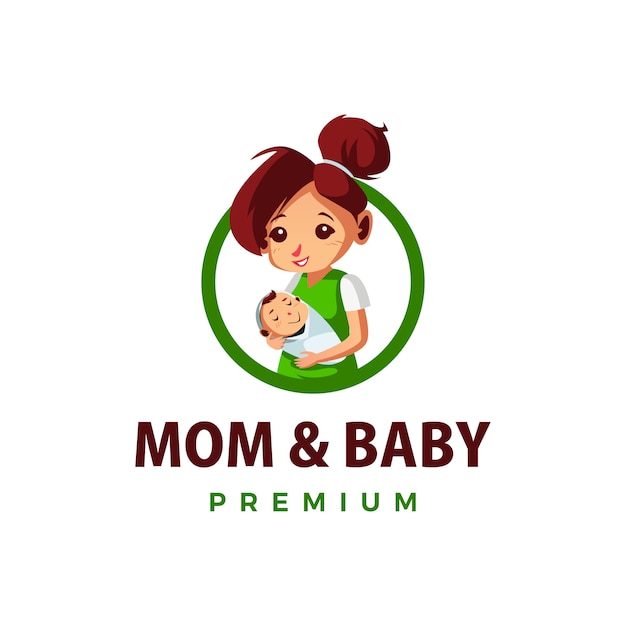 ママと赤ちゃんのマスコットキャラクターのロゴアイコンイラスト プレミアムベクター