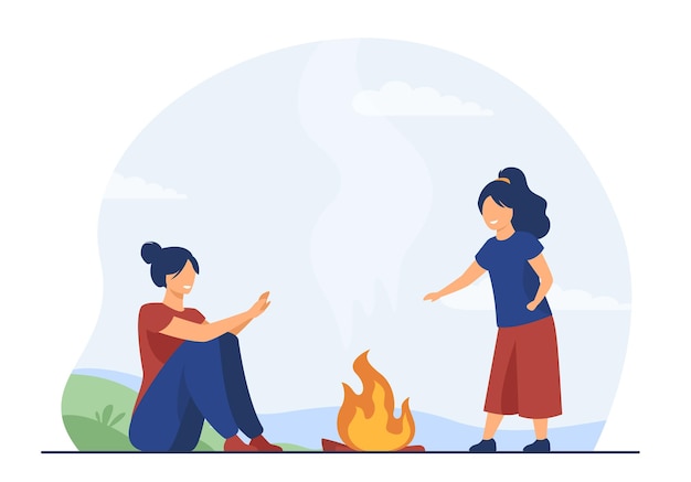 ママと子供は屋外でキャンプを楽しんでいます 幸せな女性と女の子が火で手を温めます 漫画イラスト 無料のベクター