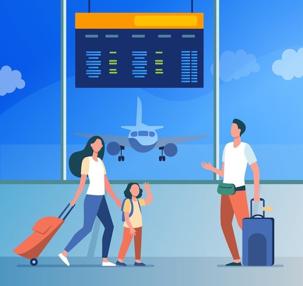 空港でお父さんと会うお母さんと幼い娘 親子 荷物 飛行機のフラットイラスト 無料のベクター