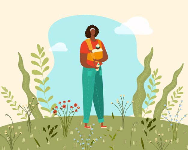 スリング 幸せな家族 花と植物のフラットイラスト春自然草原の幼児を持つ若い女性のママと生まれたばかりの赤ちゃん プレミアムベクター