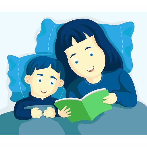 プレミアムベクター ママと息子は夜寝る準備をします ベッドで本を読んでください おとぎ話 面白い夢を持った魔法の物語 一緒に幸せと笑顔 幸せな母の日 イラスト