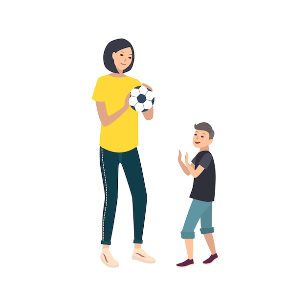 プレミアムベクター ママと息子のサッカーやサッカー 母と少年の子供がスポーツゲーム活動を実行します かわいい漫画のキャラクター は 白い背景で隔離 フラットスタイルのカラフルなイラスト