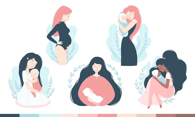  Mom and baby set. women in various poses with babies, pregnancy. Premium Vector