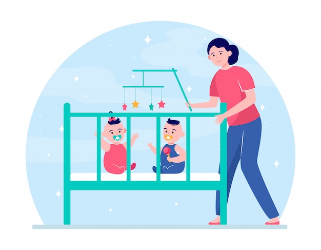 Download Free Vector | Mom calming down twin babies in crib