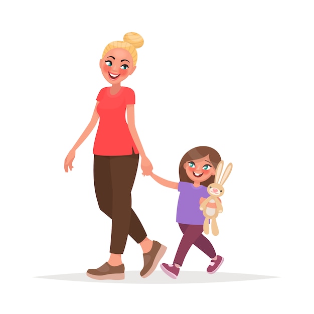 Premium Vector | Mom and daughter are walking together. vector