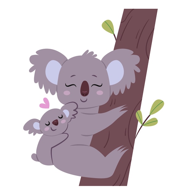 Premium Vector | Mom koala on the tree, baby koala hugs mom. cute postcard