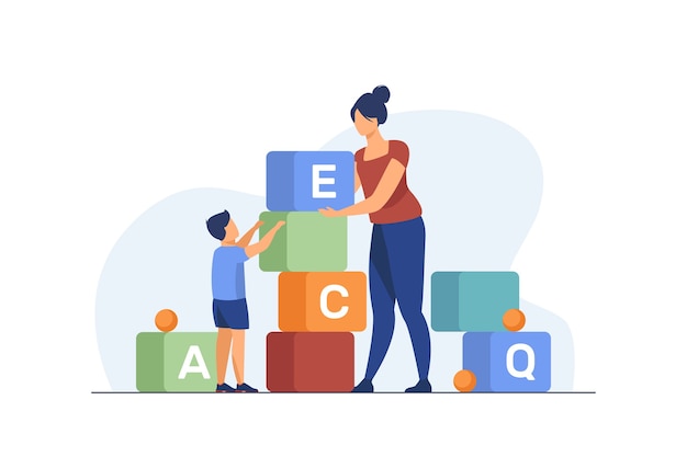 Mom and little son studying letters. woman and kid playing toy blocks flat vector illustration. preschool education, learning concept Free Vector