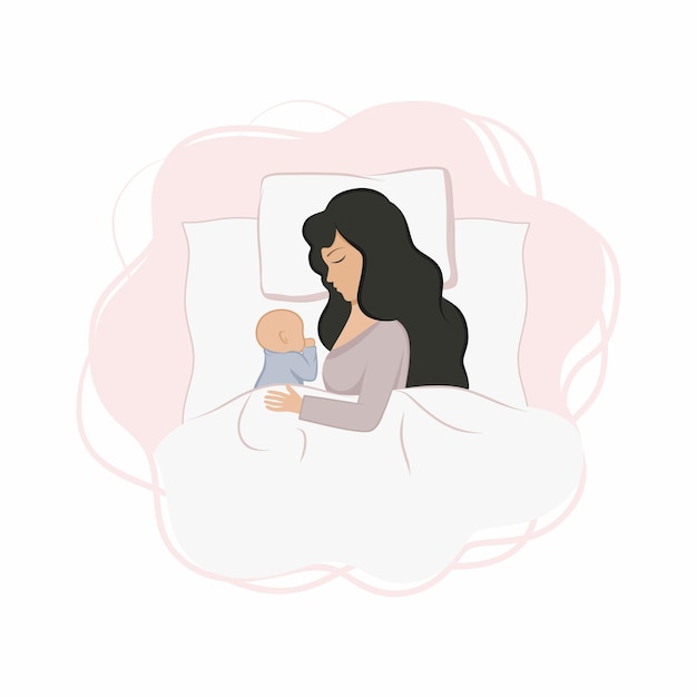 Premium Vector | Mom and newborn baby are lying on the bed and sleeping ...