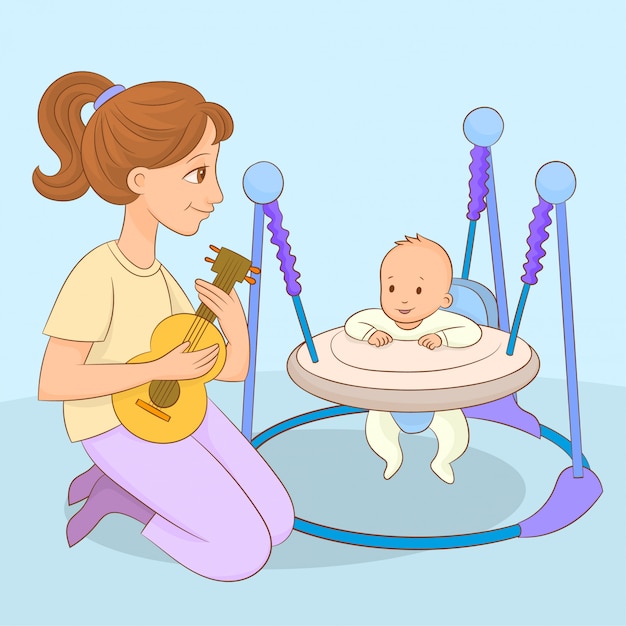 Download Mom playing music to baby in baby walker | Premium Vector