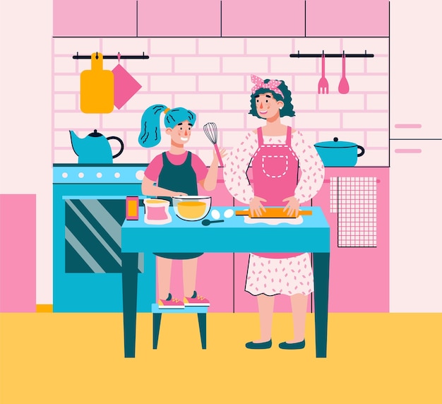 Premium Vector Mom Teaching Her Daughter How To Cook Food In Kitchen