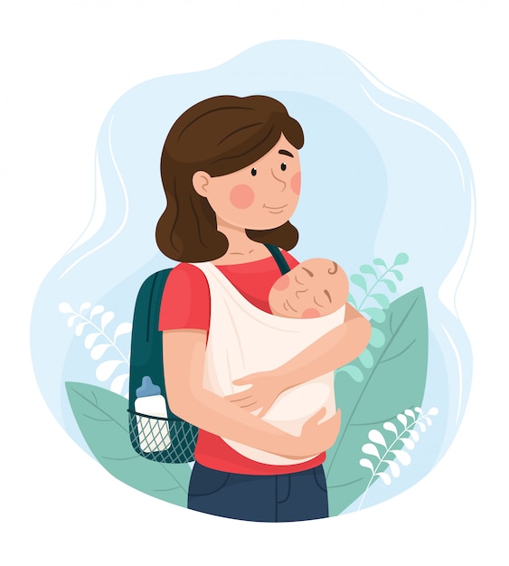 Premium Vector Mom With A Baby In A Sling And A Backpack Traveling With The Baby Illustration