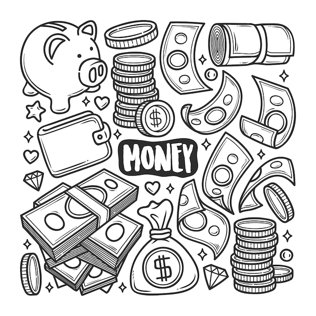 Money icons hand drawn doodle coloring Premium Vector