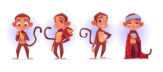 猿の漫画のキャラクター かわいい類人猿のマスコットの皮とバナナの提示 無料のベクター