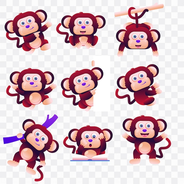 さまざまなポーズや表現を持つ猿の漫画 プレミアムベクター