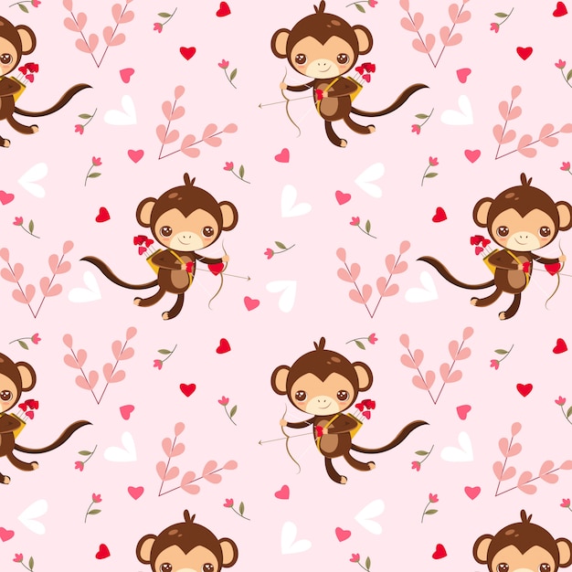 ピンクの背景に猿のキューピッドと心のパターン プレミアムベクター